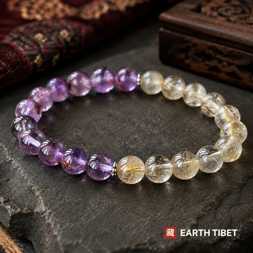 Amethyst and rutilated quartz bracelet in a loop on slate, split half and half
