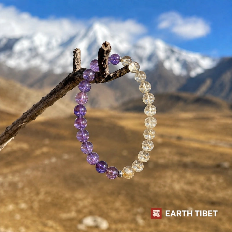 Amethyst and rutilated quartz bracelet on a branch against snow-capped mountains