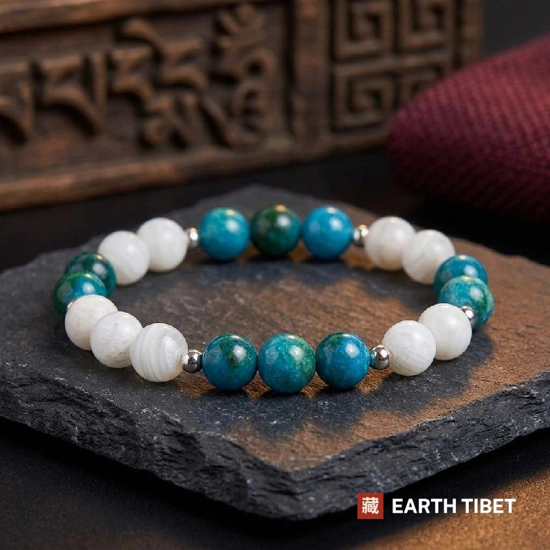 Apatite and white agate clarity bracelet, teal and white 8mm beads with silver-toned spacers