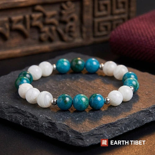Apatite and white agate clarity bracelet, teal and white 8mm beads with silver-toned spacers