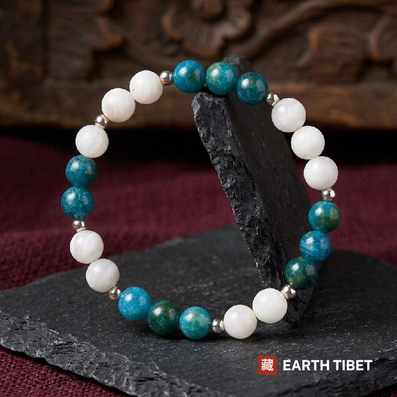 Mottled teal apatite beads alternating in threes with banded white agate