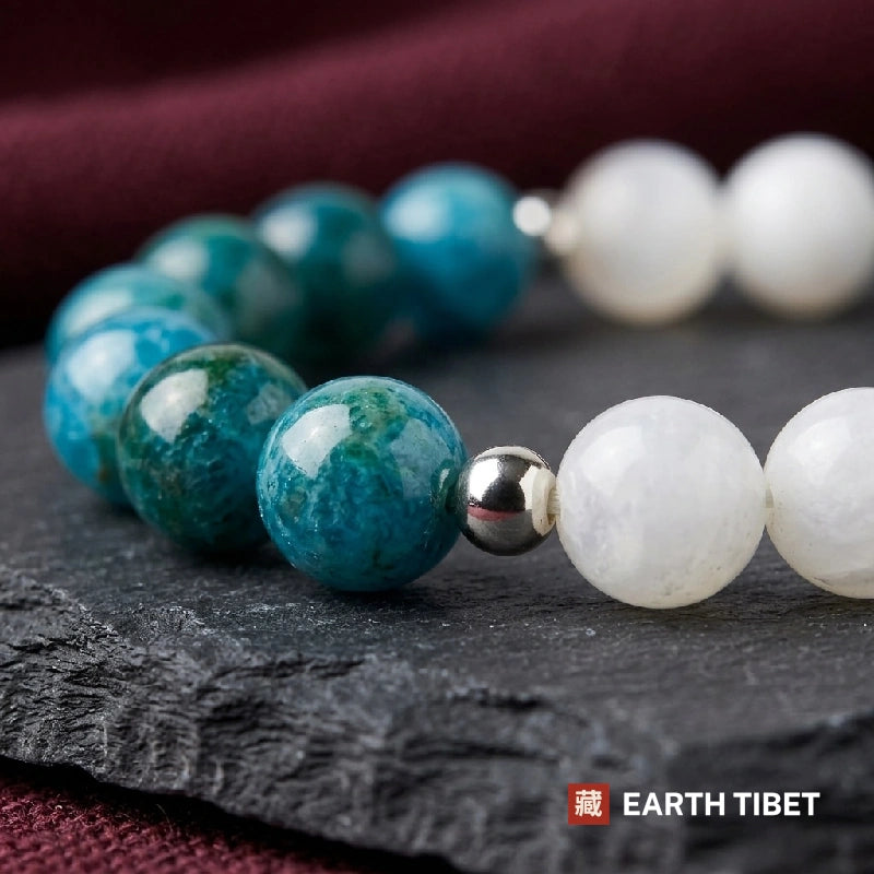 Close up of the banding in the white agate beads beside the blue-green apatite