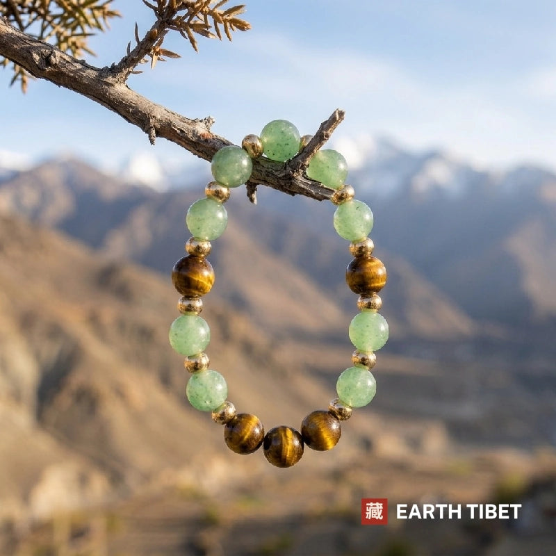 Aventurine and tiger's eye stretch bracelet worn on the wrist