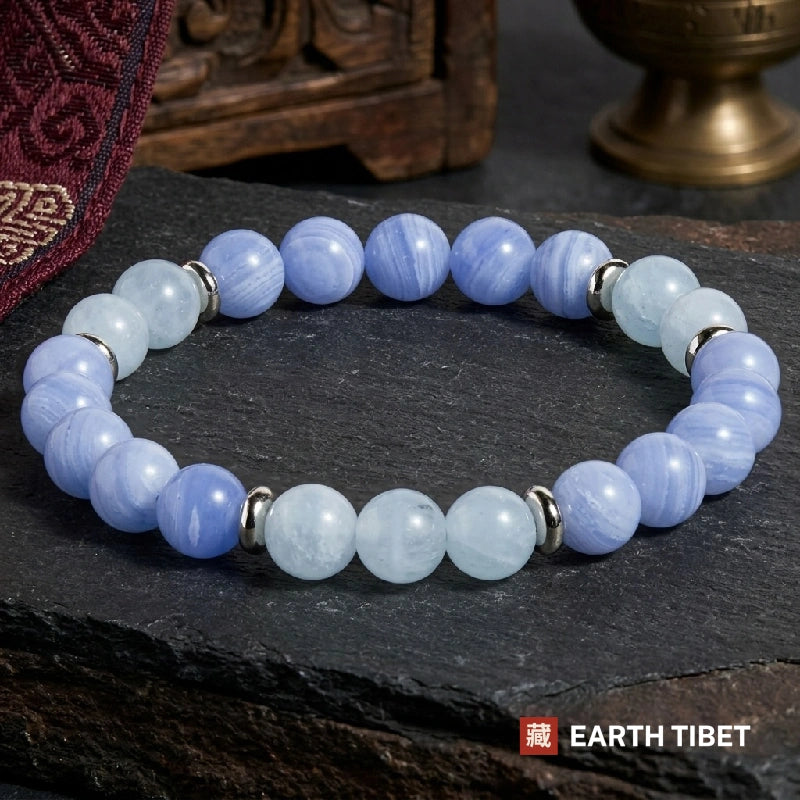 Blue lace agate and aquamarine calm bracelet in 8mm beads with silver-toned spacers