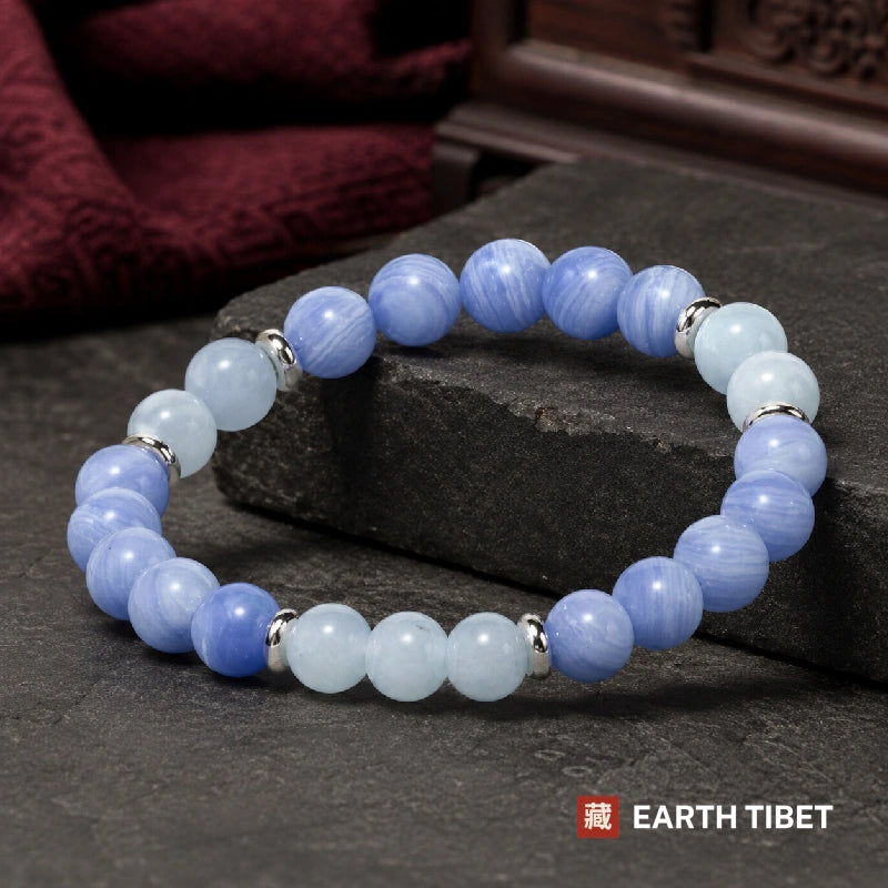 Blue lace agate and aquamarine bracelet worn on the wrist
