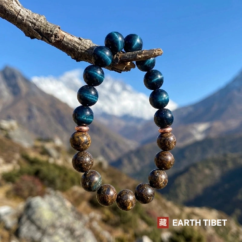8mm blue tiger's eye and bronzite beaded bracelet with copper-toned spacers