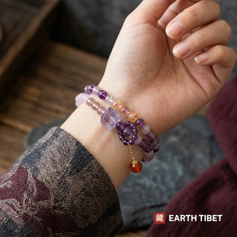 Amethyst double wrap bracelet with citrine beads and a carnelian drop
