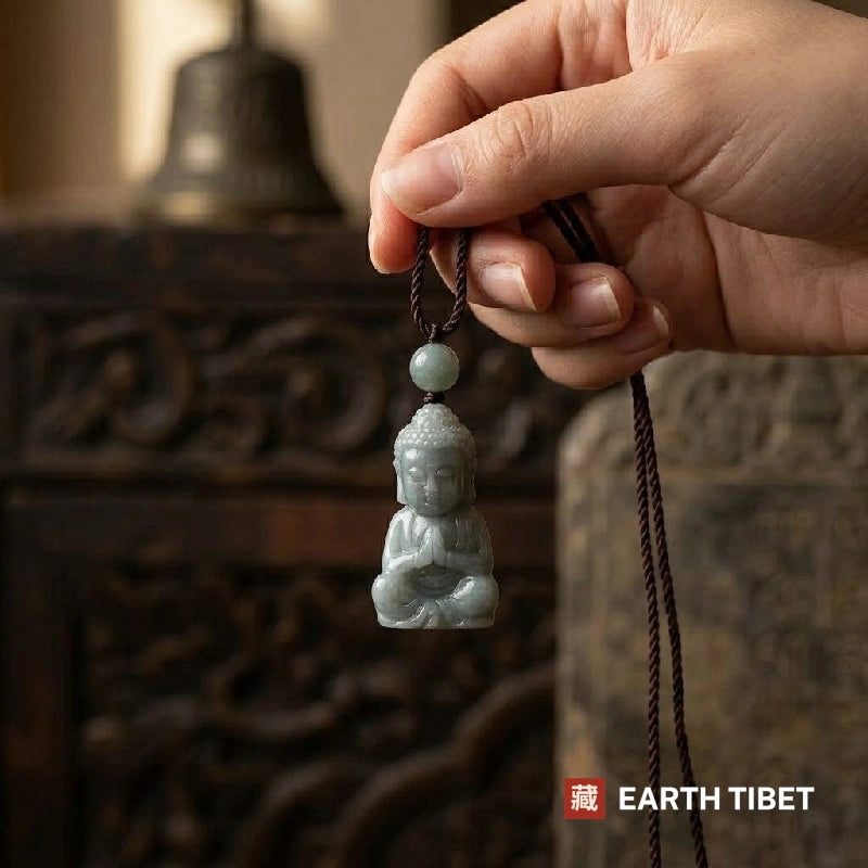 Seated jadeite Buddha pendant carved in the round, mottled green stone
