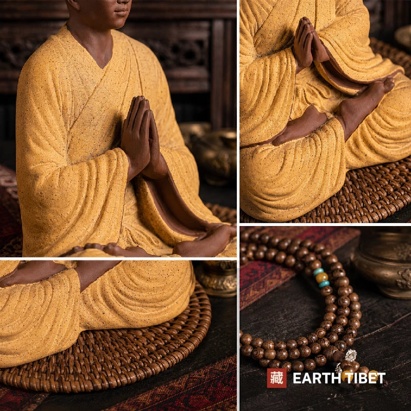 Detail views of the ceramic monk showing the matte clay surface, robe folds and mala beads