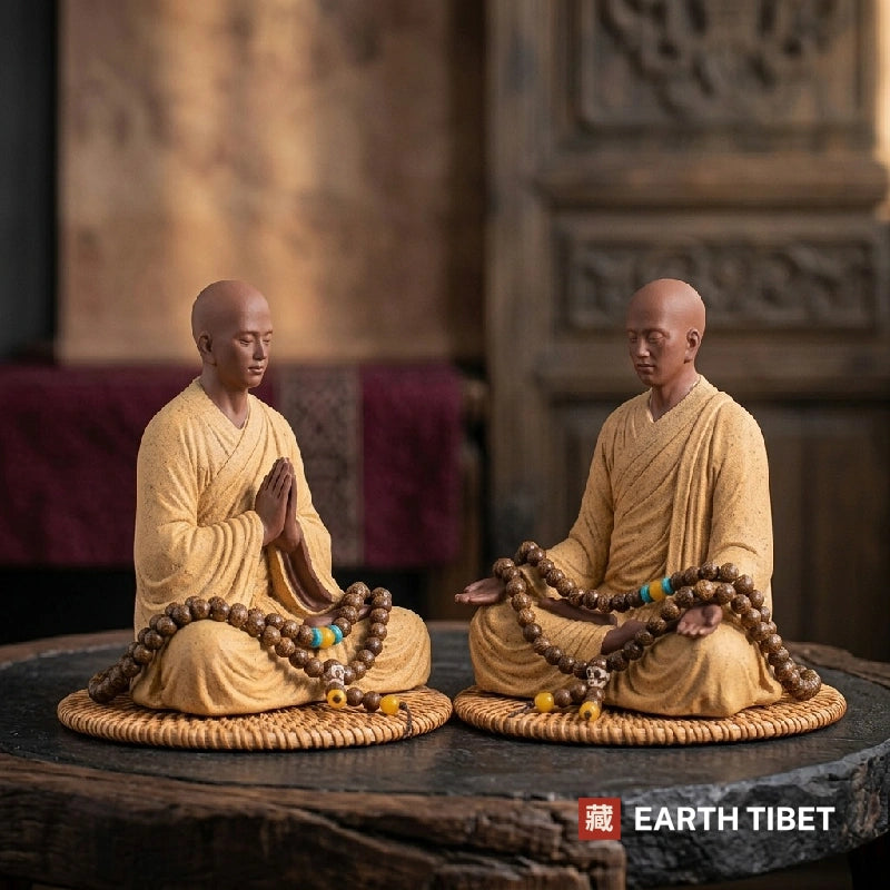 Two ceramic meditating monks on woven rattan mats with malas draped over their knees