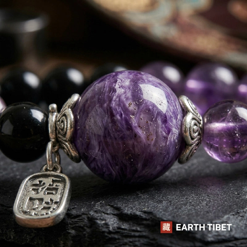 Close view of the swirling white pattern in the charoite feature bead