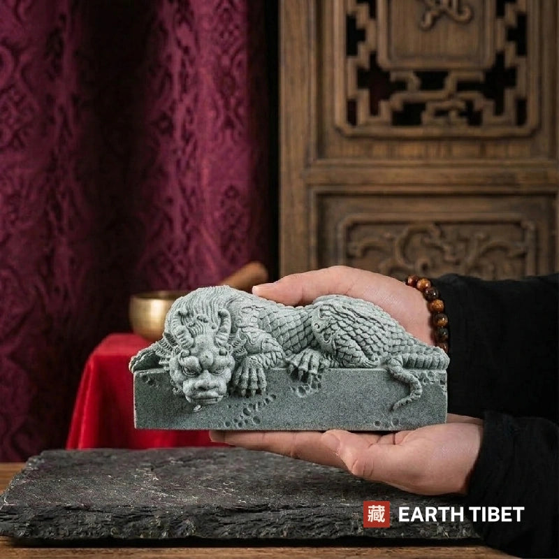 Panlong coiled dragon sandstone statue on its rectangular plinth
