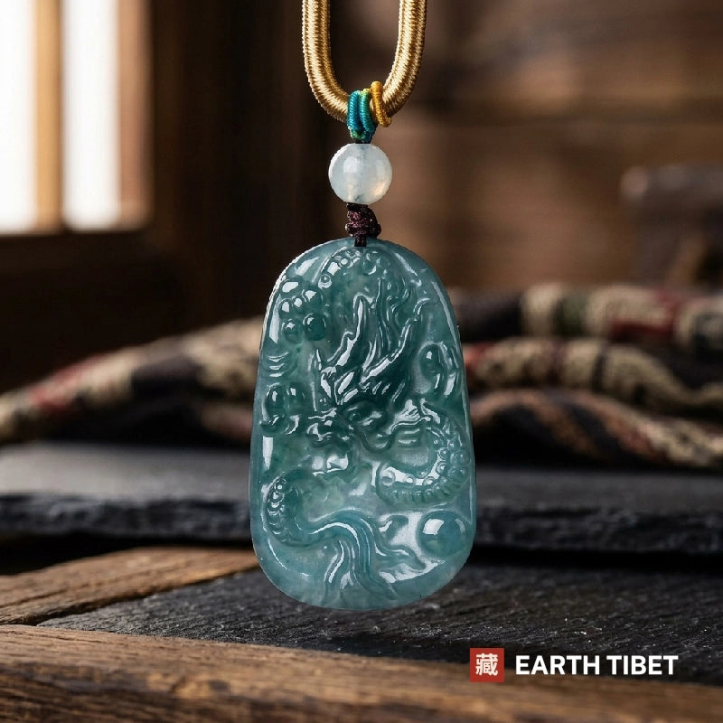 Blue water jade dragon pendant hanging in front of a wooden window