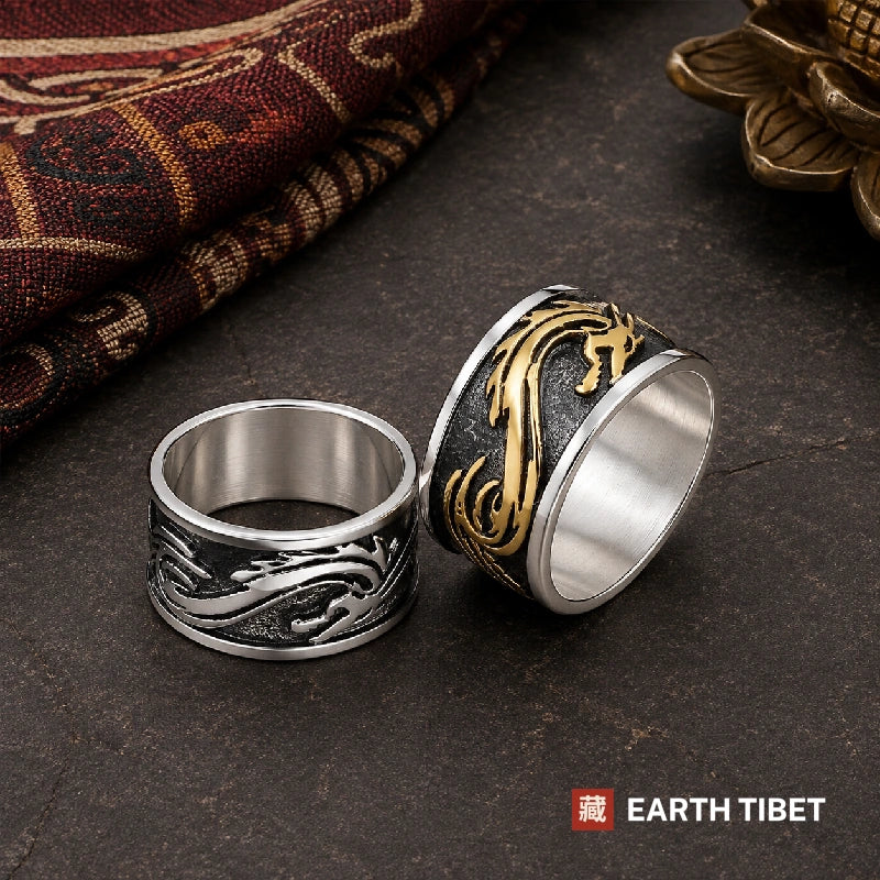 Imperial dragon rings in steel and gold tone, dragon in relief around each band