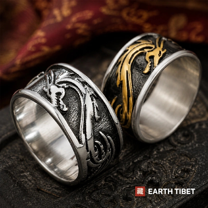 Dragon band rings in both finishes showing the blackened channel between polished rims