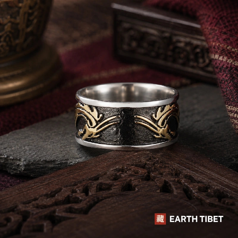 Gold-tone dragon ring straight on, the dragon running the full circumference