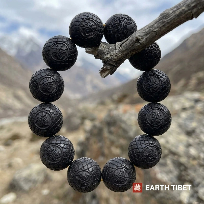Ebony dragon bracelet held up against Himalayan mountains