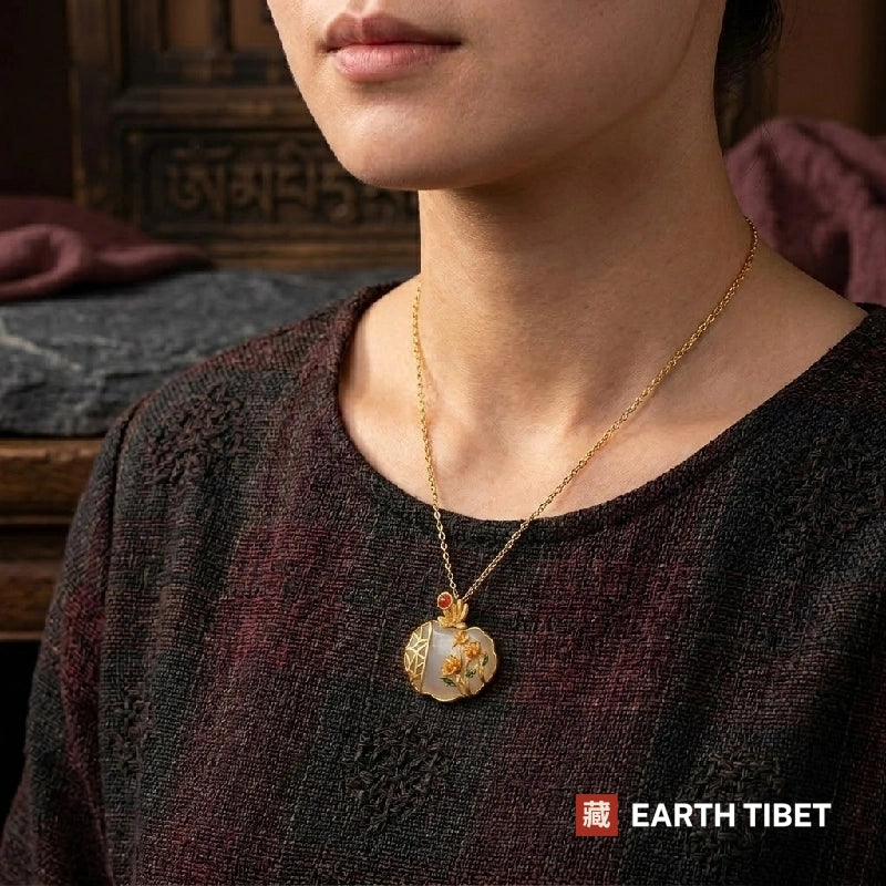 Woman wearing the chrysanthemum white agate ruyi lock necklace at the collarbone on a 45cm chain