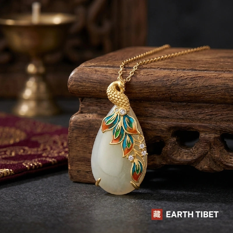 Enamel Peacock Jade Necklace