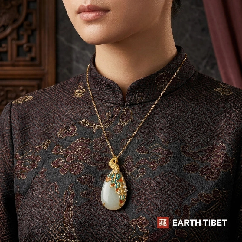 Enamel Peacock Jade Necklace
