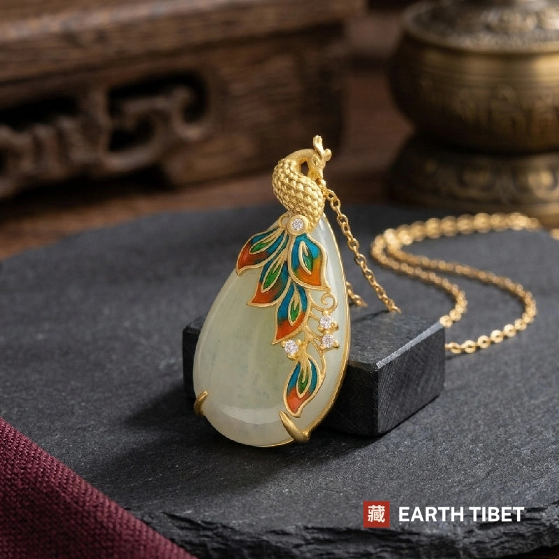 Enamel Peacock Jade Necklace