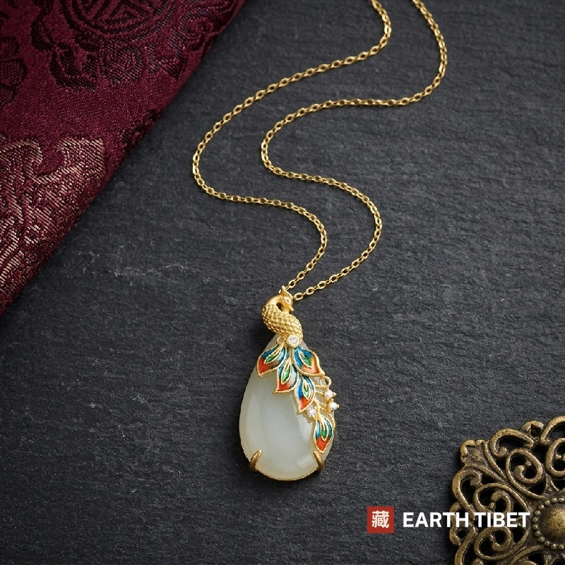 Enamel Peacock Jade Necklace