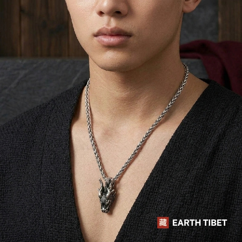 Man wearing the Fortune Dragon protection necklace at the sternum