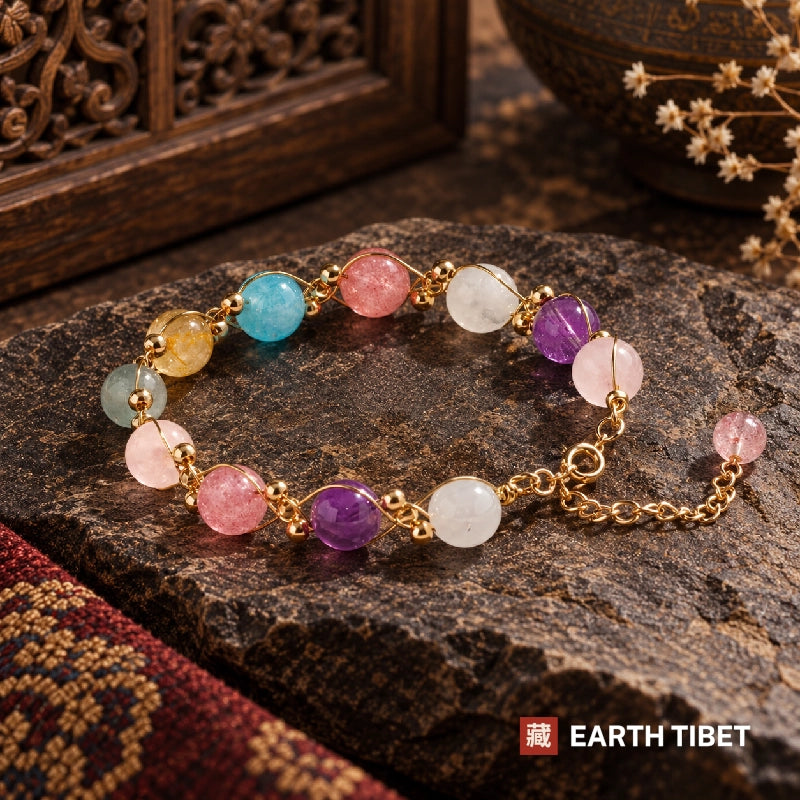 Multi stone bracelet on a stone slab beside a carved wooden screen