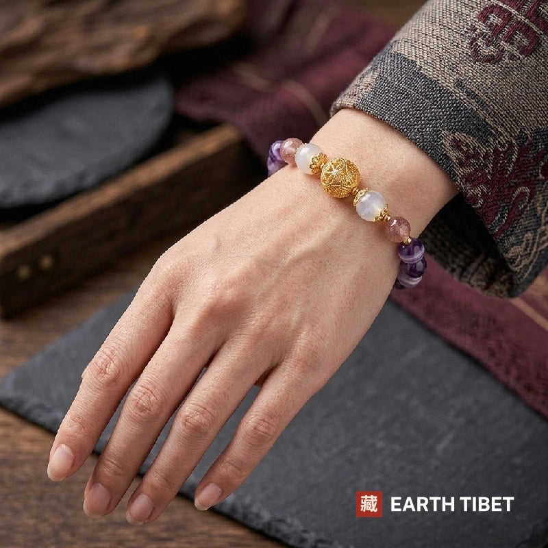 Woman wearing the moonstone intuition and love bracelet on her wrist