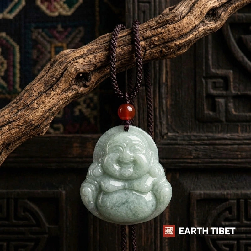 Jade laughing Buddha necklace hanging from a piece of driftwood