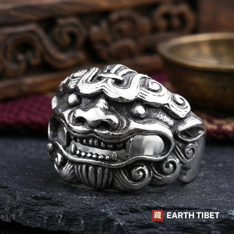 Steel shishi foo dog ring, the guardian lion head cut in deep relief on a wide band