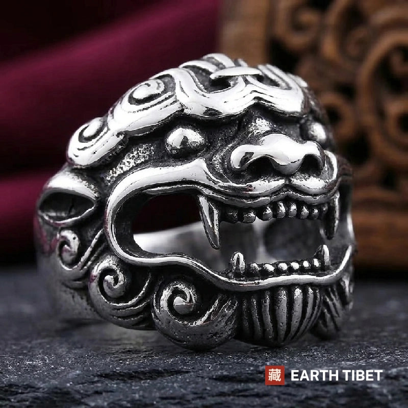 Chinese guardian lion ring on a 20mm stainless steel band