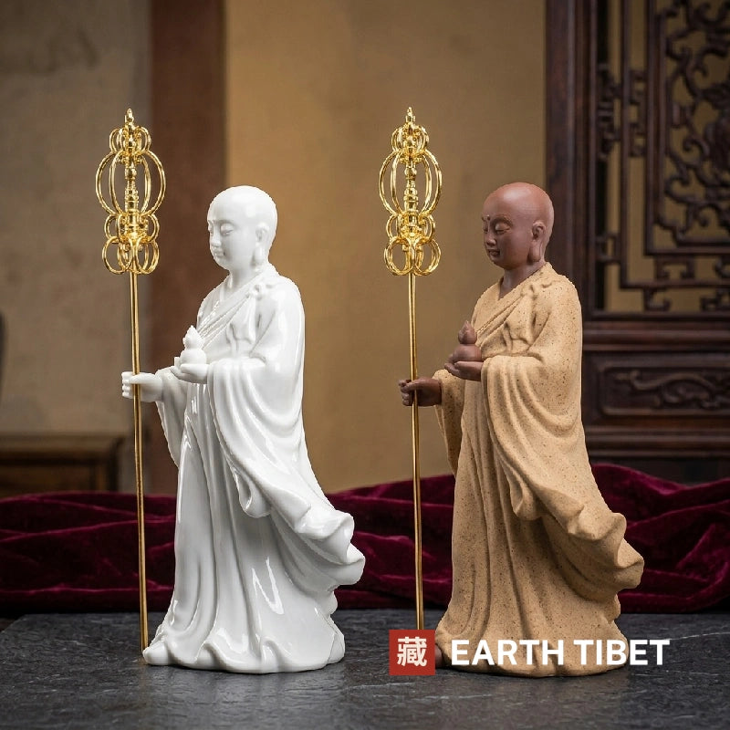 Ksitigarbha bodhisattva statues in glossy white and matte sand ceramic, each holding a gold ringed staff