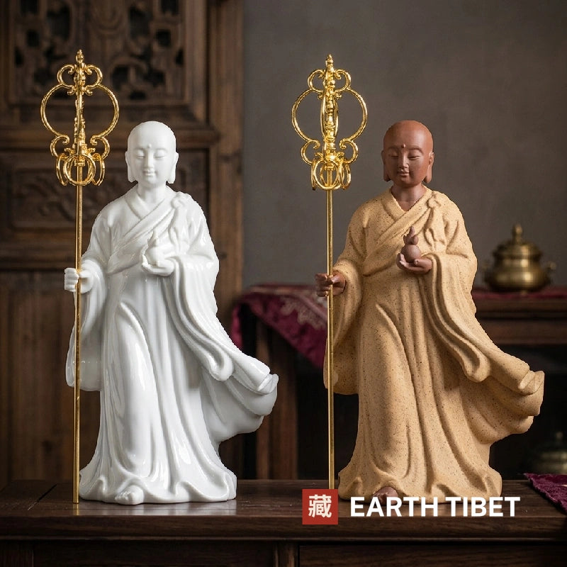 Ksitigarbha Jizo statue in matte sand ceramic with khakkhara staff and wish-fulfilling jewel