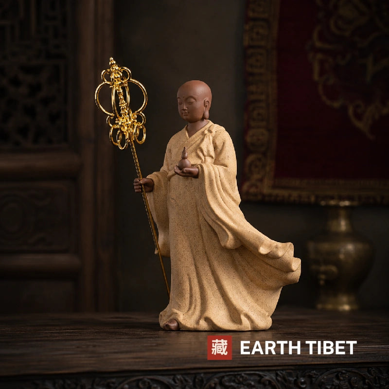 Matte sand Ksitigarbha bodhisattva statue against carved wood