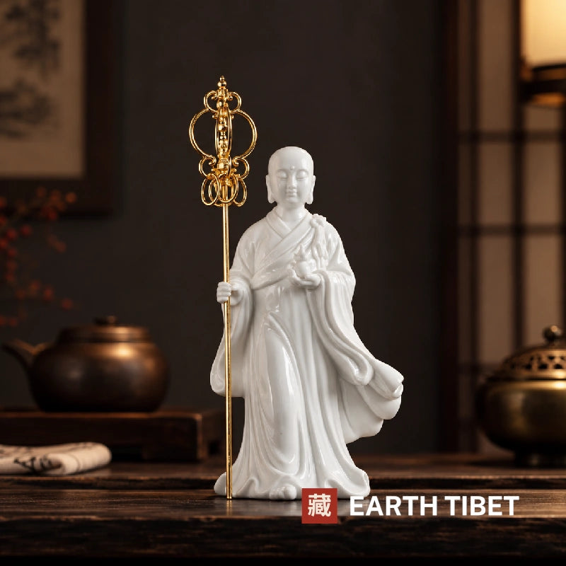 Ksitigarbha Jizo statue shown in profile with the robe falling to the base
