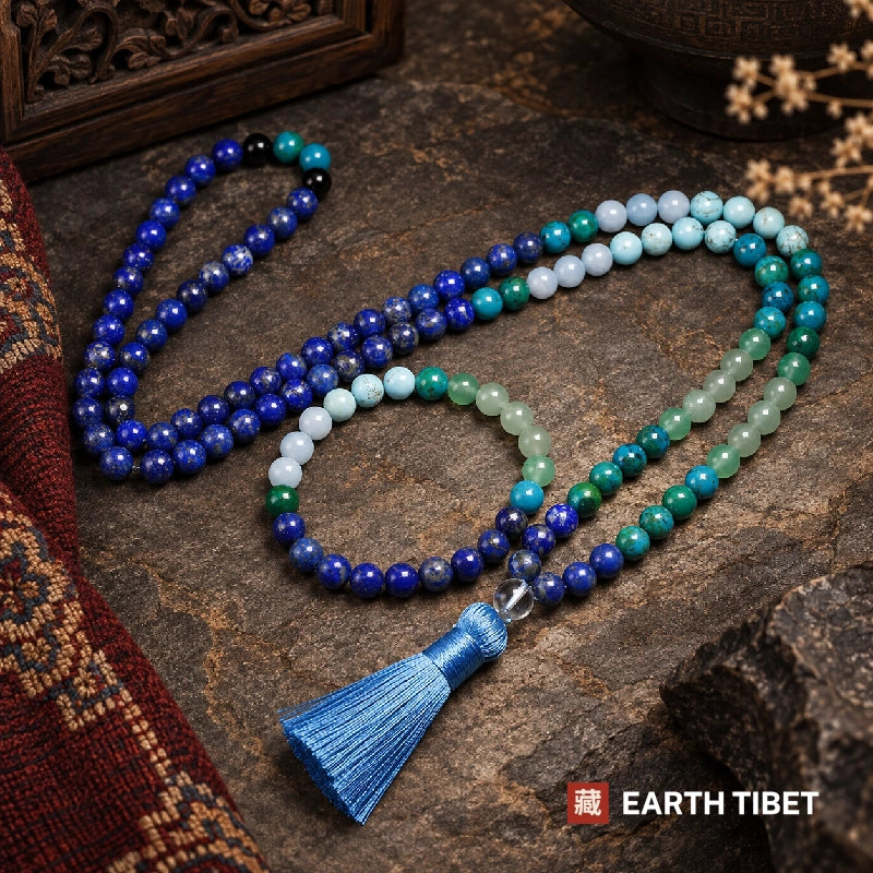 Lapis lazuli mala with its matching bracelet, both running from blue through turquoise to green