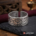 Lotus Heart Sutra ring in Tibetan silver, open band with Heart Sutra characters engraved inside