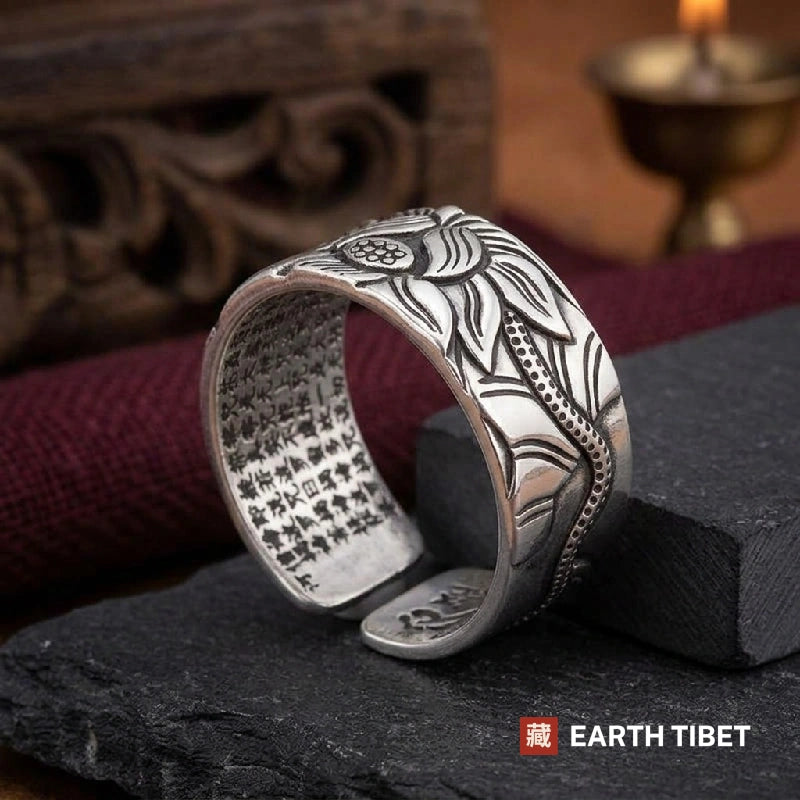 Adjustable lotus ring showing the full Heart Sutra engraved across the inner face of the band