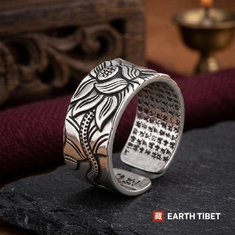 Tibetan silver lotus ring, deep relief blossom outside and sutra script inside the open band