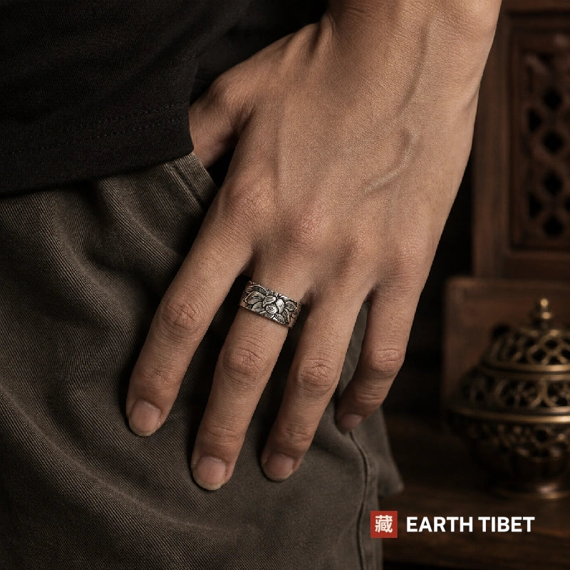 Man wearing the Lotus Heart Sutra ring on his ring finger