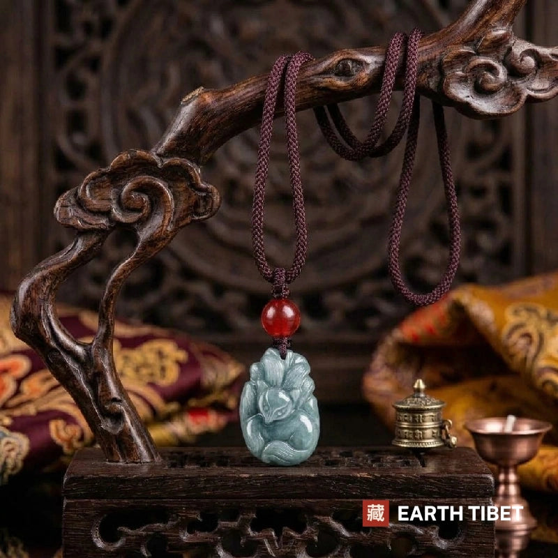 Nine-tailed fox jadeite necklace hanging from a carved wooden branch stand