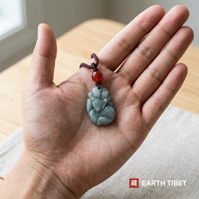 Jadeite fox pendant lying in an open hand to show how small it is
