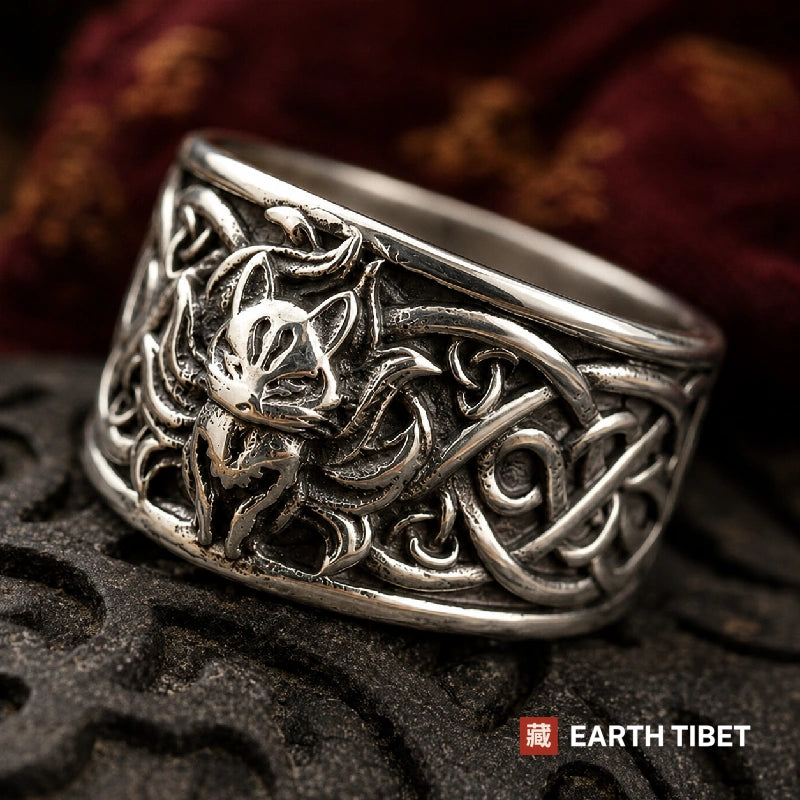 Nine-tailed fox ring in silver-tone metal, the fox face and tails across a wide band