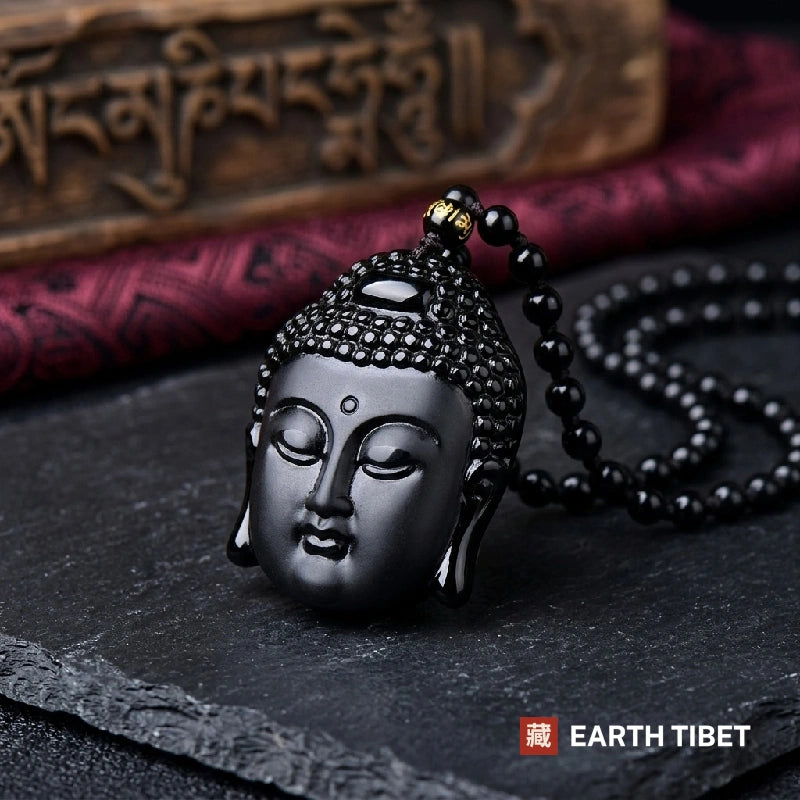 Obsidian Buddha Amulet Necklace
