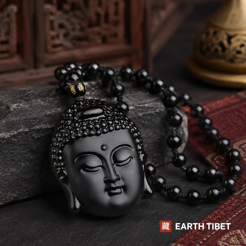 Obsidian Buddha Amulet Necklace