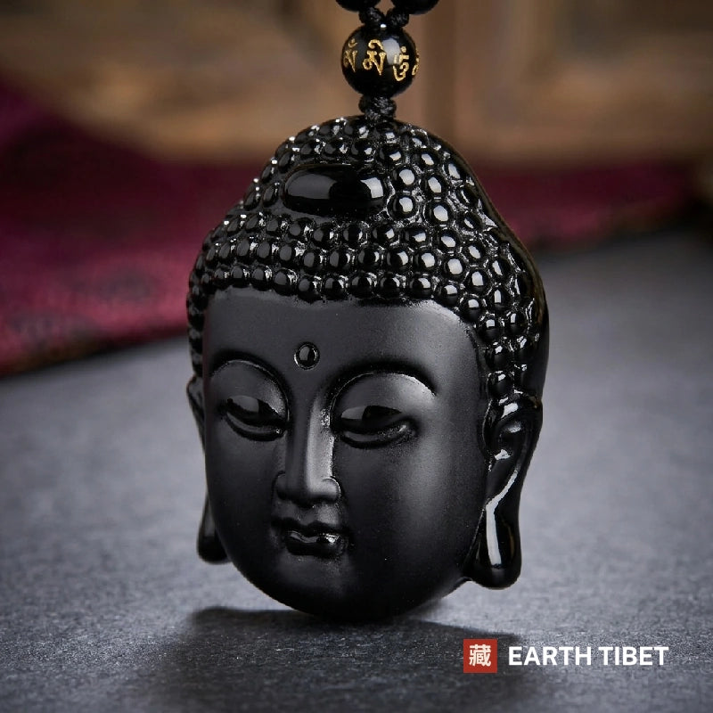 Obsidian Buddha Amulet Necklace