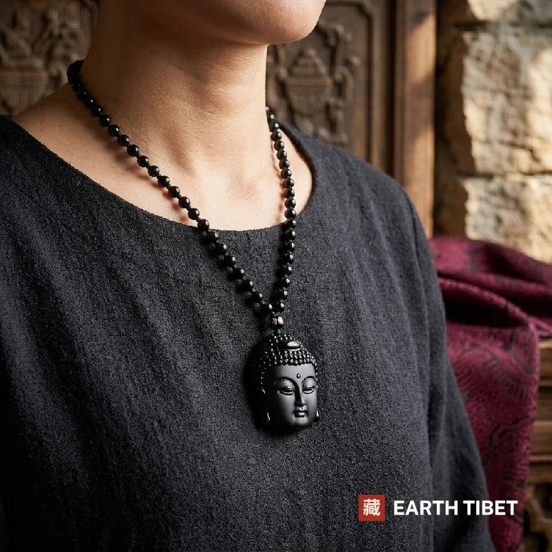 Obsidian Buddha Amulet Necklace