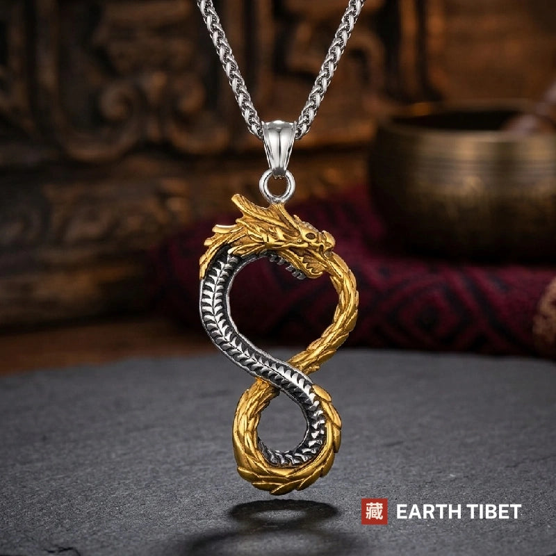 Ouroboros dragon necklace on a steel wheat chain, the dragon coiled into a figure eight