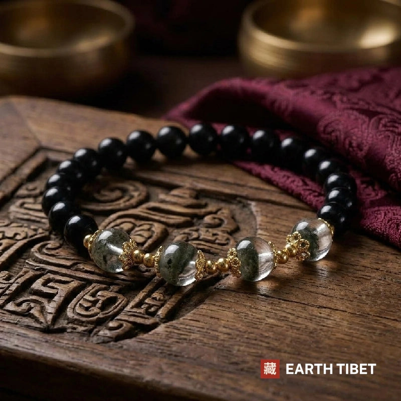 Green phantom wealth and protection bracelet resting on a carved wooden panel